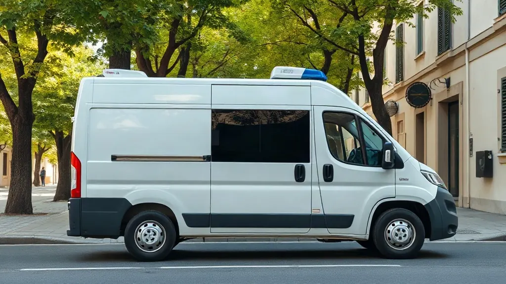 Ambulanza bianca parcheggiata in una strada alberata