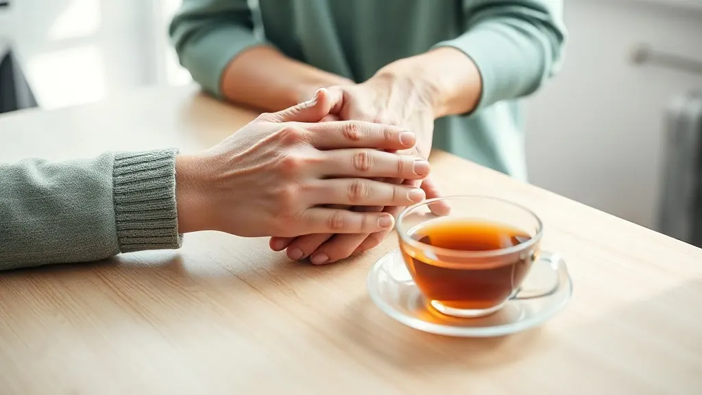 Mani di una persona che assiste un anziano, su un tavolo di cucina