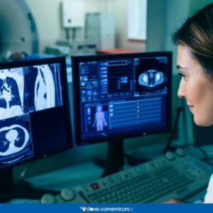 Una Donna adulta con malformazioni cardiache congenite effettua una scansione con la Tomografia computerizzata monitorata dalla macchina, la persona vediamo solo la sua testa e il suo viso
